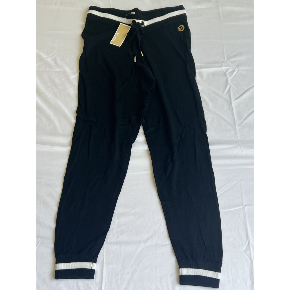Michael Michael Kors Black Knit Jogger Pants White Stripe QH93BJJ04A Medium - Picture 2 of 9
